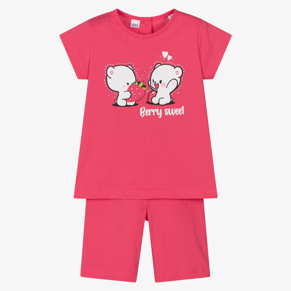 iDO-Girls Pink Teddy Print Cotton Shorts Set with Diamantés | Childrensalon