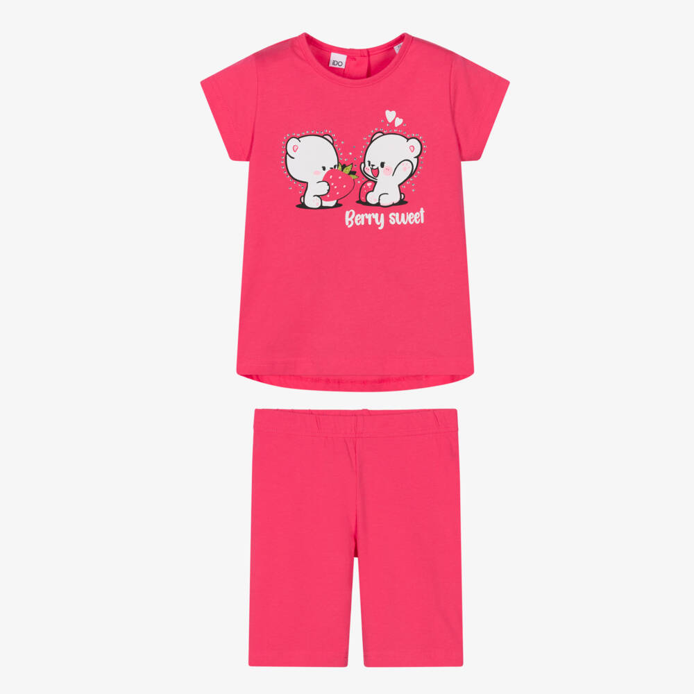 iDO-Girls Pink Teddy Print Cotton Shorts Set with Diamantés | Childrensalon