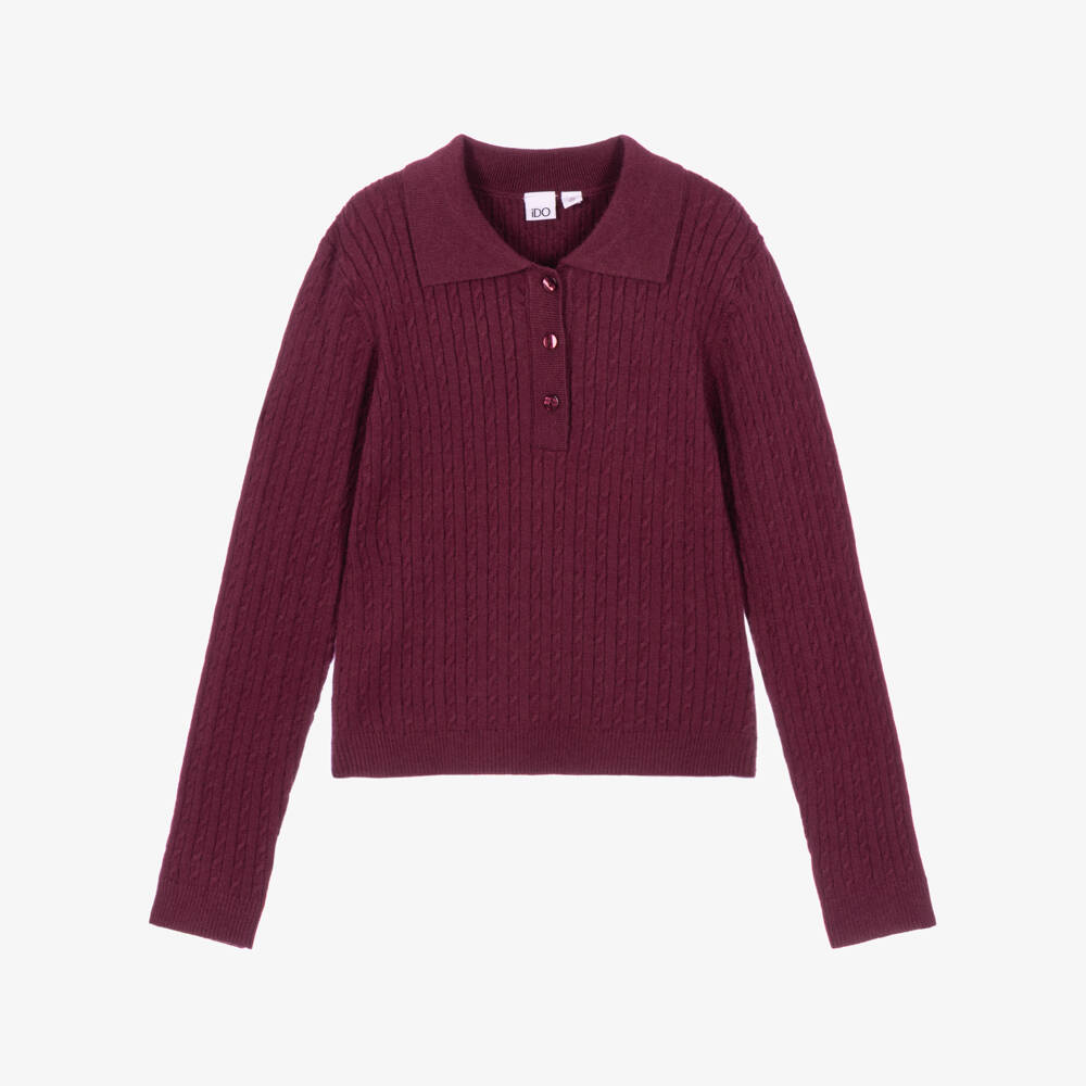 iDO-Girls Plum Cable Knit Polo Sweater | Childrensalon