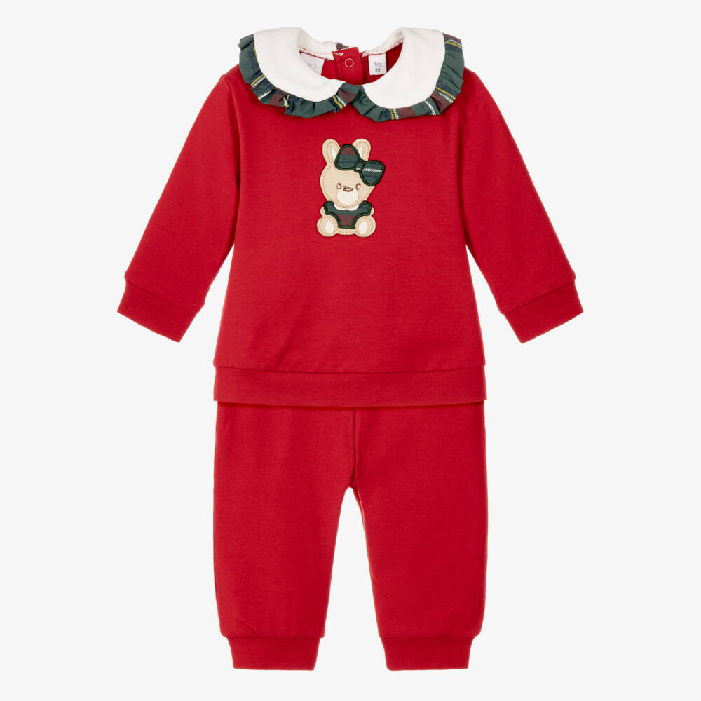 iDO-Girls Red Bunny Tracksuit with Tartan Trims | Childrensalon