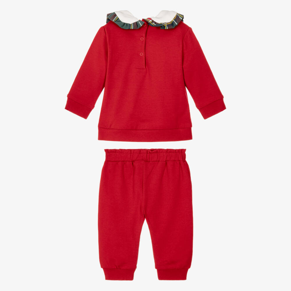 iDO-Girls Red Bunny Tracksuit with Tartan Trims | Childrensalon