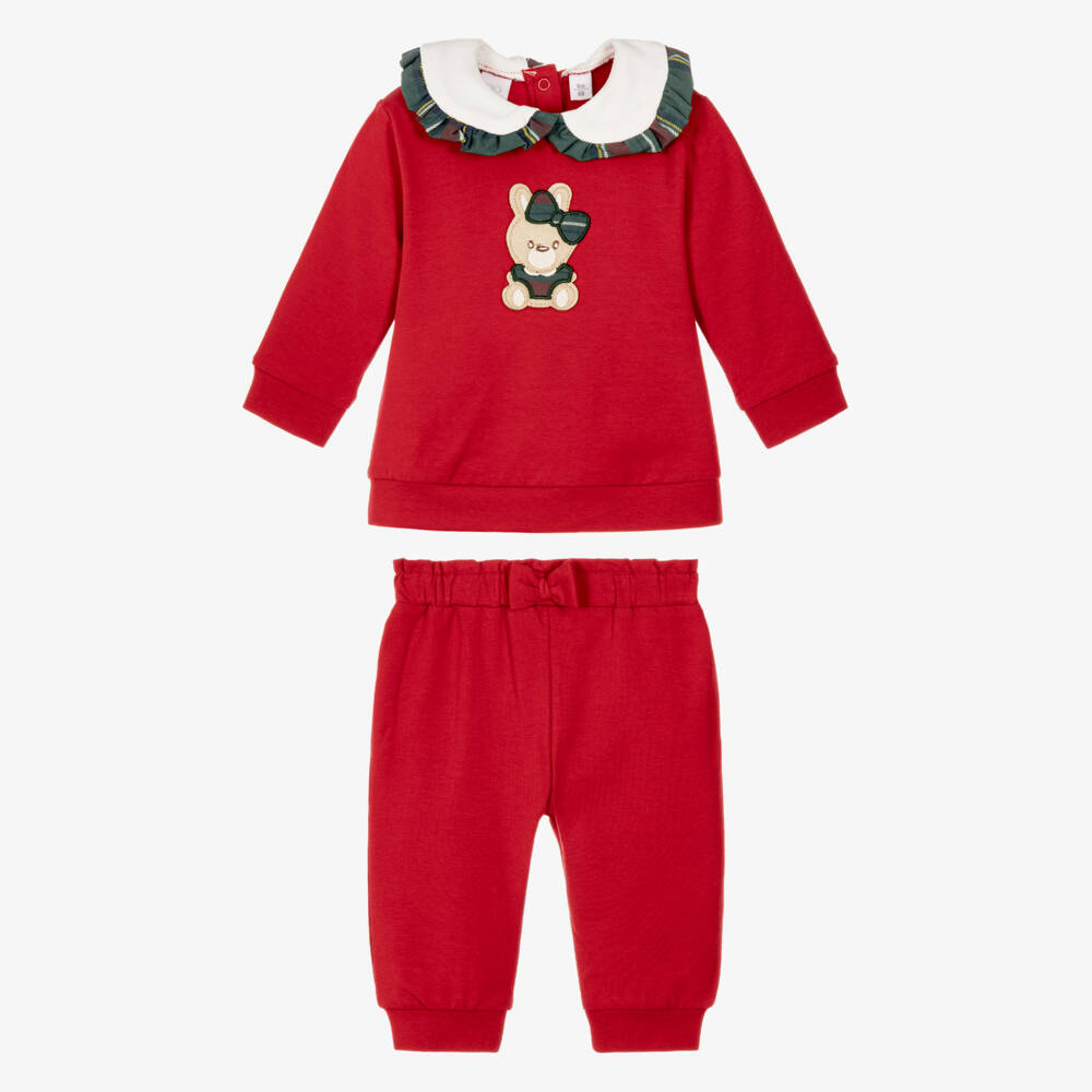 iDO-Girls Red Bunny Tracksuit with Tartan Trims | Childrensalon