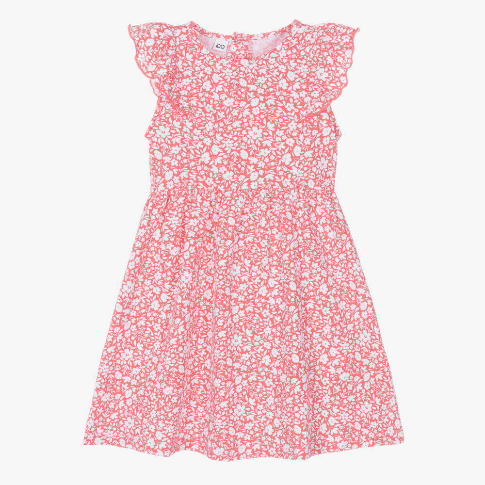 iDO-Girls Red Cotton Jersey Dress with White Floral Pattern | Childrensalon