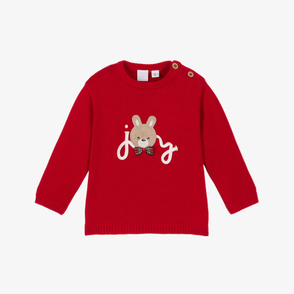 iDO-Girls Red Cotton Knit Sweater with Joy Bunny | Childrensalon