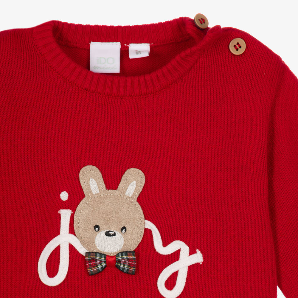 iDO-Girls Red Cotton Knit Sweater with Joy Bunny | Childrensalon