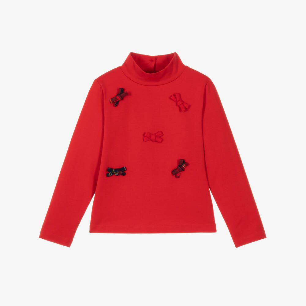 iDO-Girls Red Cotton Mock Neck Top with Bows | Childrensalon