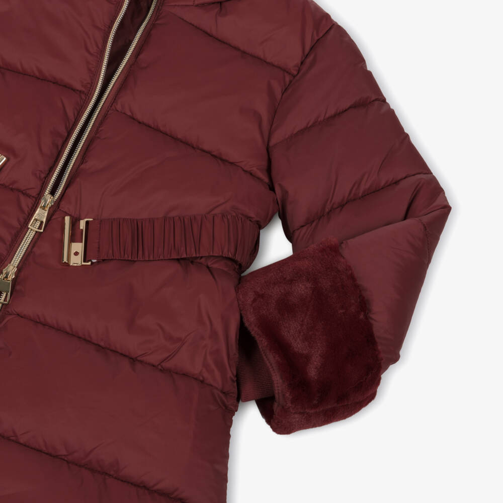 iDO-Пальто пуховое с капюшоном и поясом красное для девочек | Childrensalon