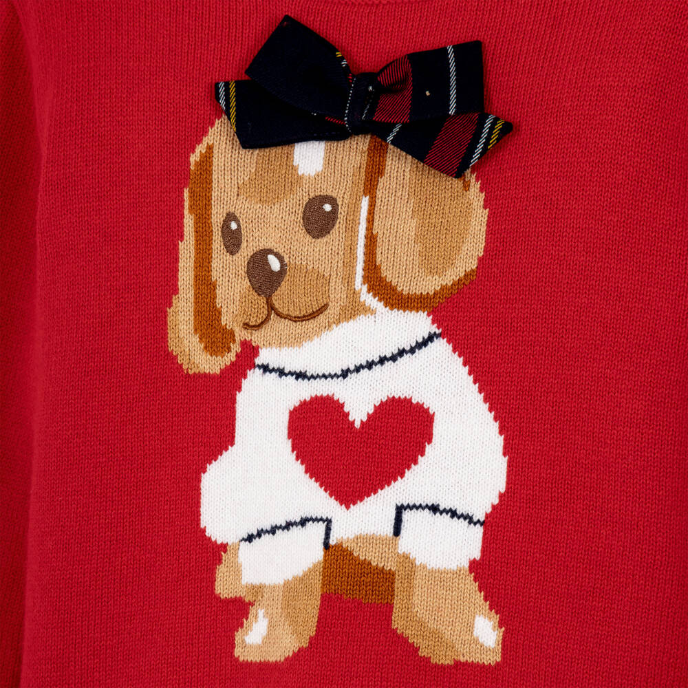 iDO-Girls Red Knitted Puppy Sweater with Tartan Bow | Childrensalon