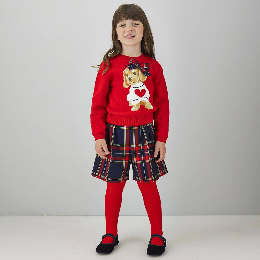 iDO-Girls Red Knitted Puppy Sweater with Tartan Bow | Childrensalon