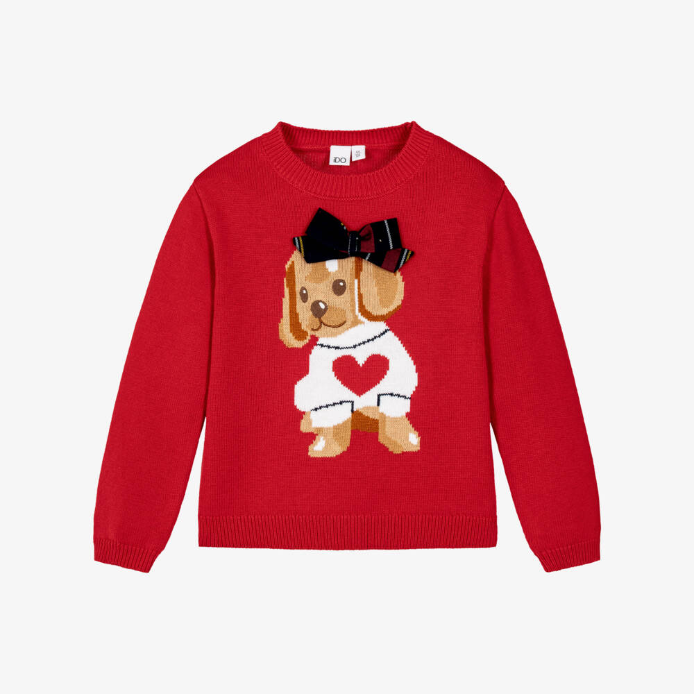 iDO-Girls Red Knitted Puppy Sweater with Tartan Bow | Childrensalon