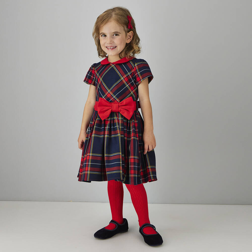 iDO-Girls Red & Navy Tartan Dress with Bow Sash | Childrensalon