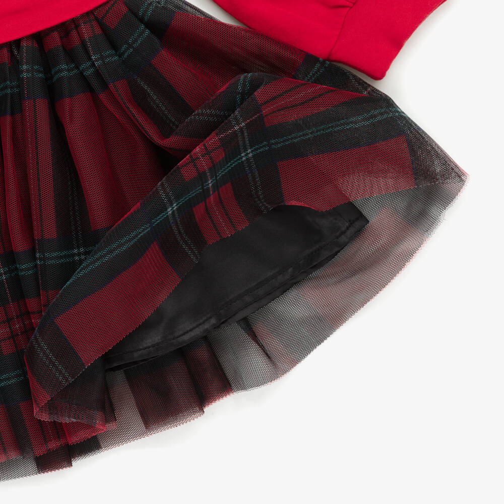 iDO-Girls Red Tartan Jersey & Tulle Dress | Childrensalon