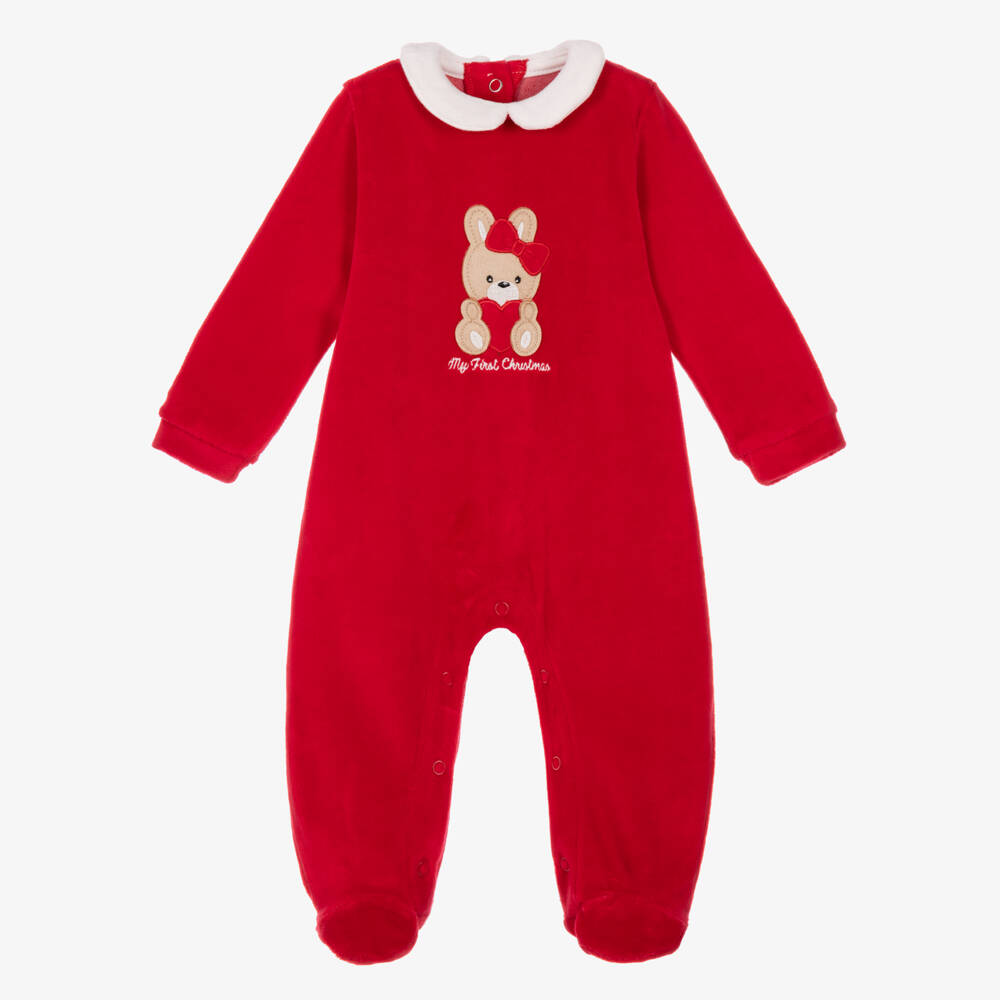iDO-Girls Red Velour Christmas Babygrow with Heart Bunny | Childrensalon