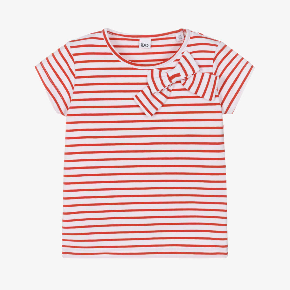 iDO-Футболка в красно-белую полоску из хлопка с бантом для девочек | Childrensalon