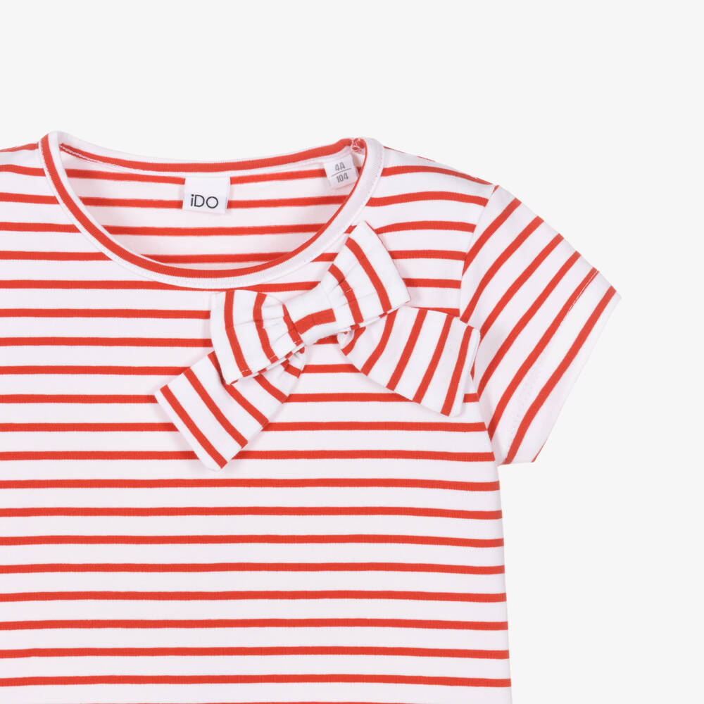 iDO-Футболка в красно-белую полоску из хлопка с бантом для девочек | Childrensalon
