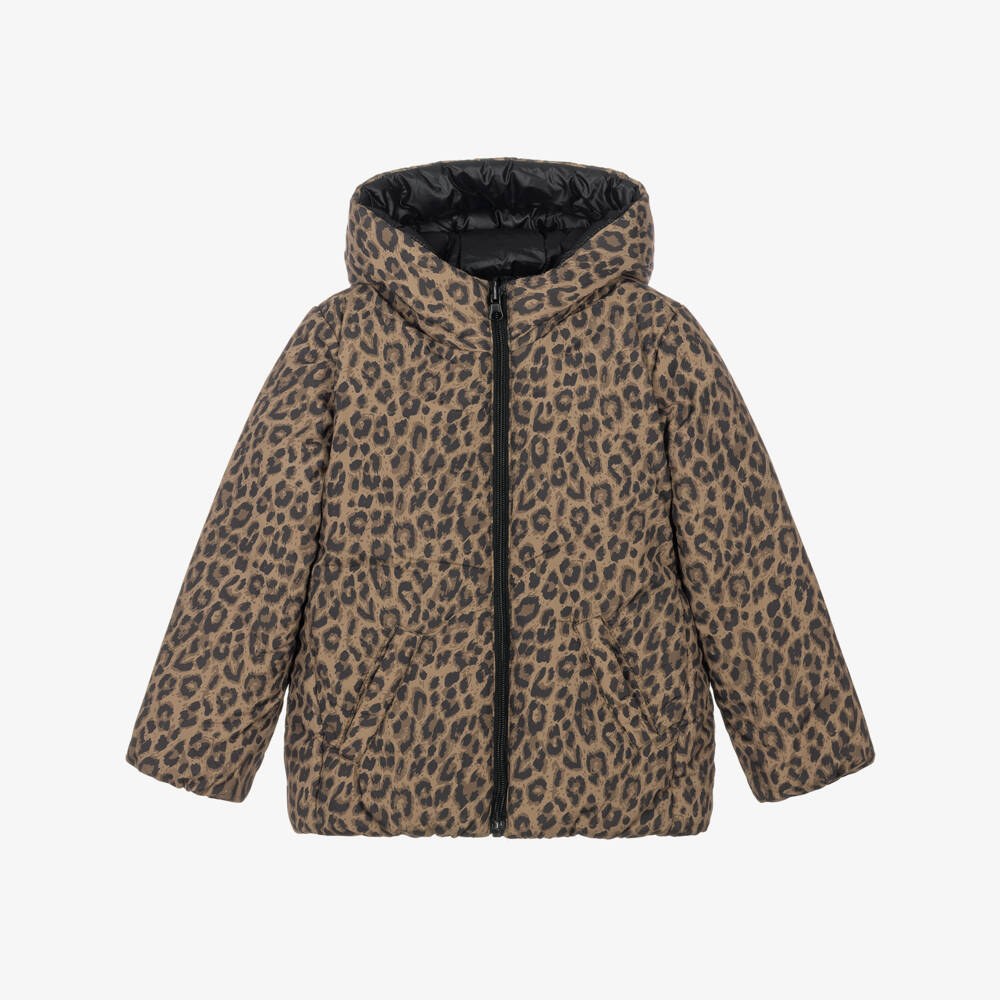 iDO-Girls Reversible Padded Jacket in Brown Leopard Print | Childrensalon