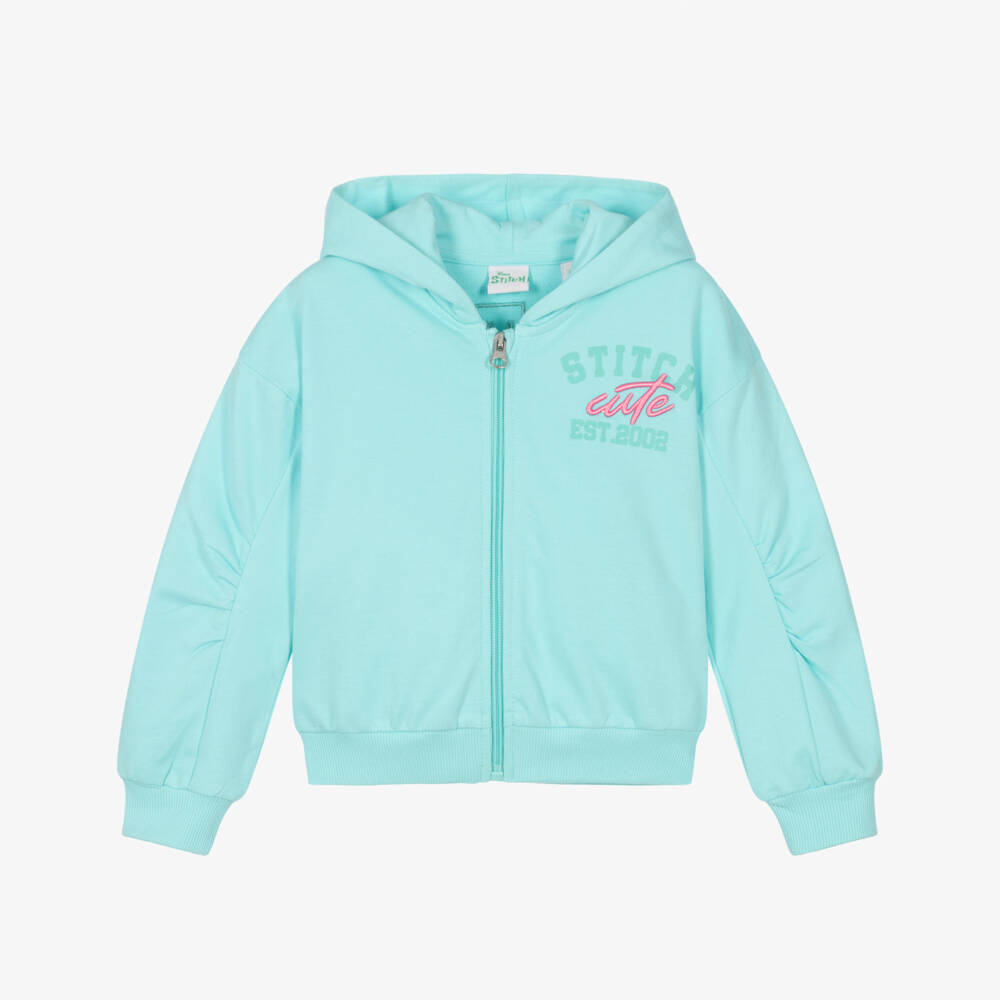 iDO-Girls Turquoise Cotton Disney Zip-Up Top with Stitch Motif | Childrensalon