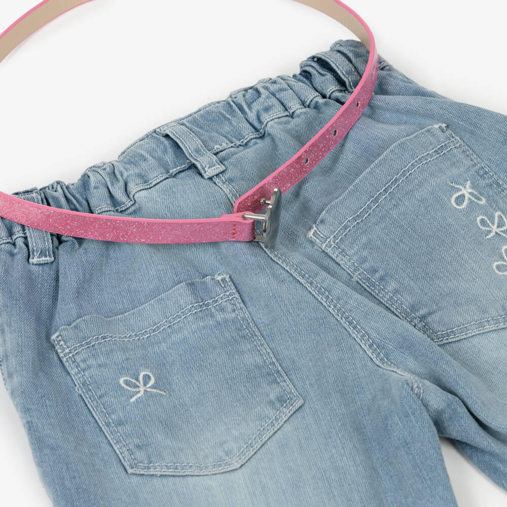 iDO-Girls Washed Blue Pleated Jeans with Pink Belt | Childrensalon