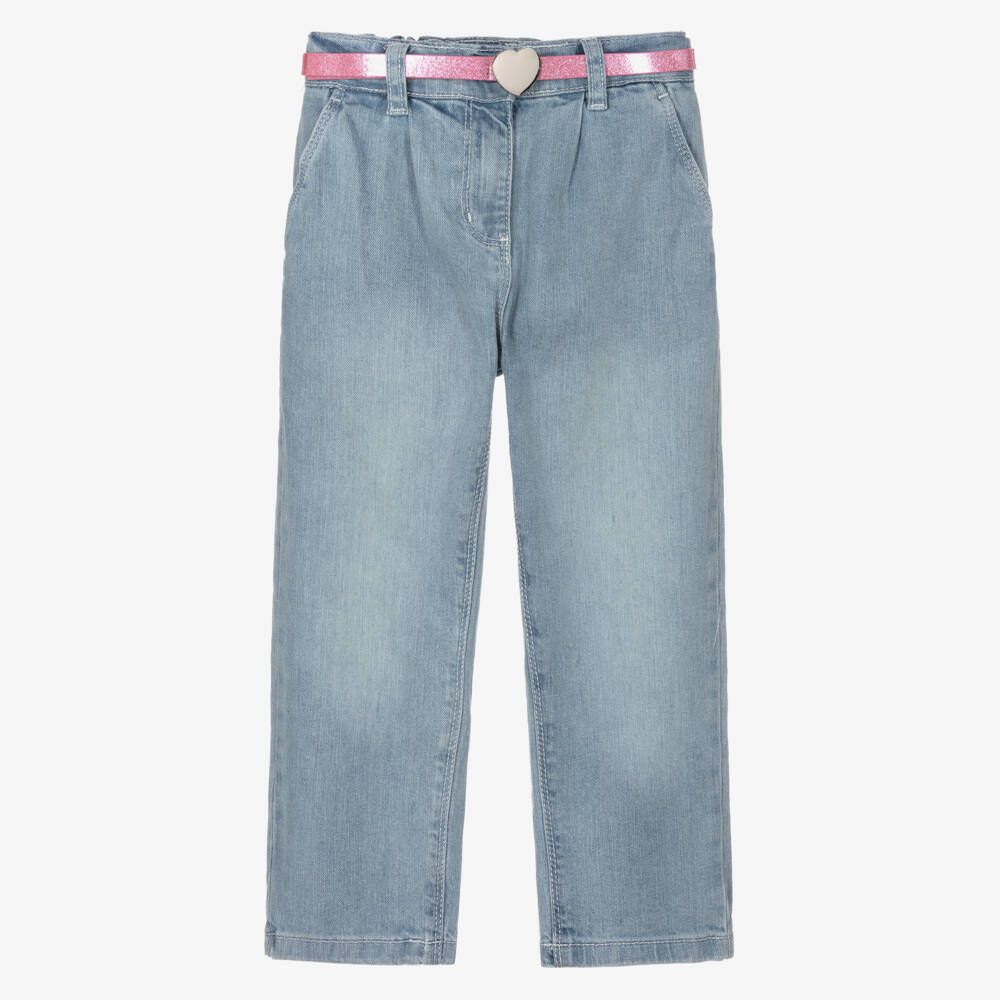 iDO-Girls Washed Blue Pleated Jeans with Pink Belt | Childrensalon