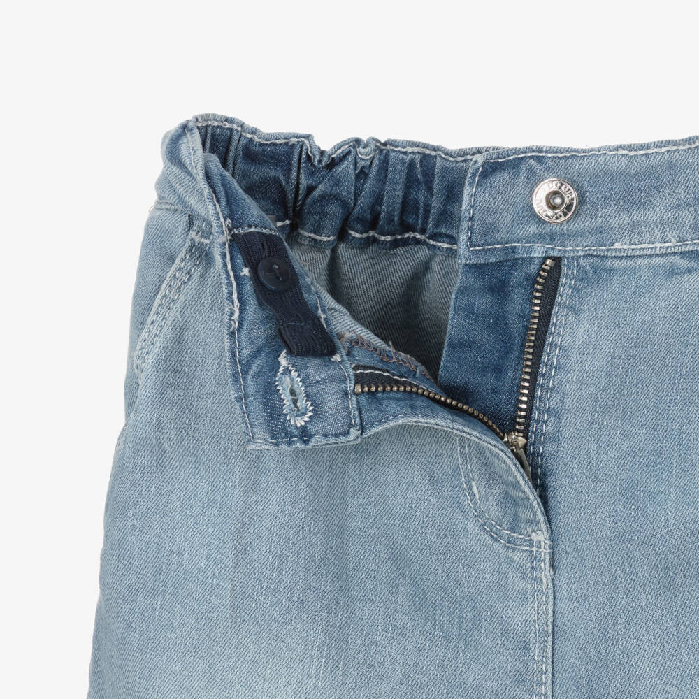 iDO-Girls Washed Blue Pleated Jeans with Pink Belt | Childrensalon