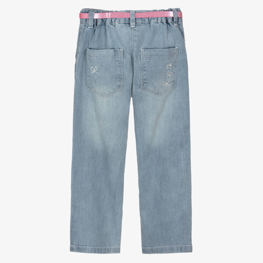 iDO-Girls Washed Blue Pleated Jeans with Pink Belt | Childrensalon