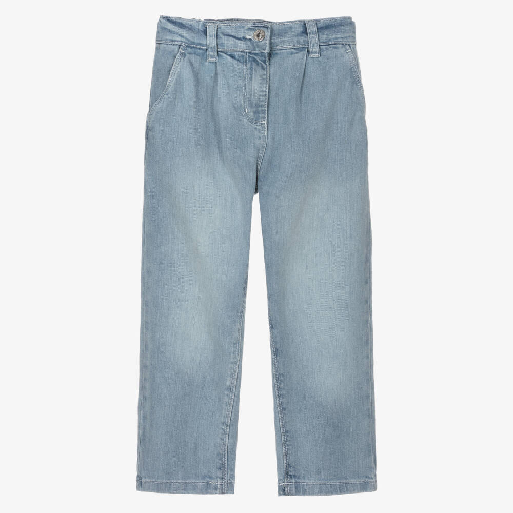 iDO-Girls Washed Blue Pleated Jeans with Pink Belt | Childrensalon