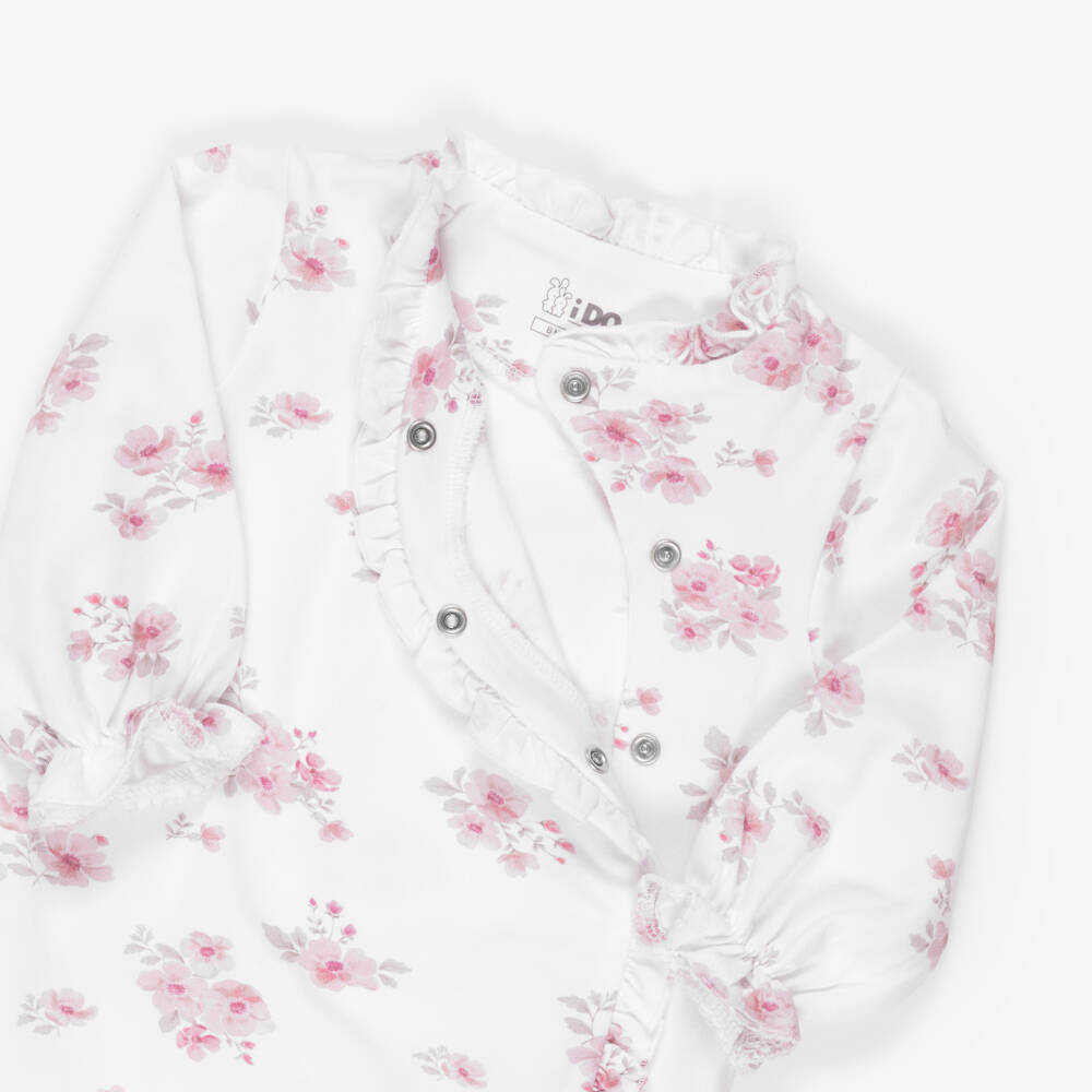 iDO Мини-Girls White Cotton Babygrow with Pink Floral Print | Childrensalon