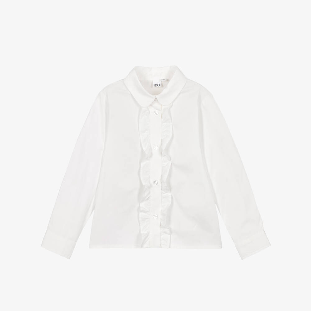 iDO-Girls White Cotton Blouse with Frilled Placket | Childrensalon