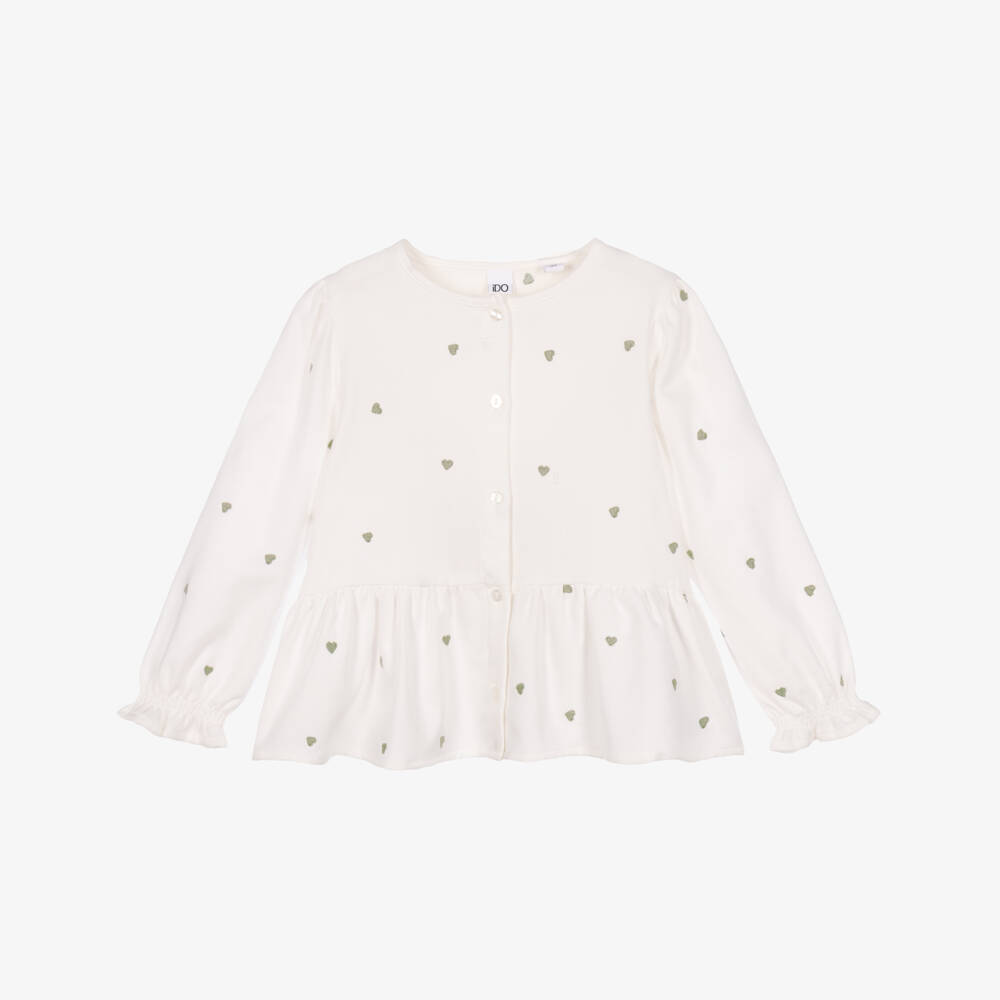 iDO-Girls White Cotton Blouse with Heart Embroidery | Childrensalon