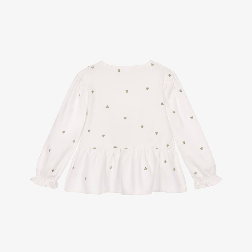 iDO-Girls White Cotton Blouse with Heart Embroidery | Childrensalon
