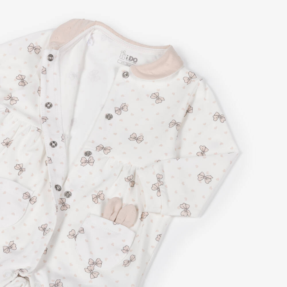 iDO Mini-Girls White Cotton Bunny & Bows Babygrows (2 Pack) | Childrensalon