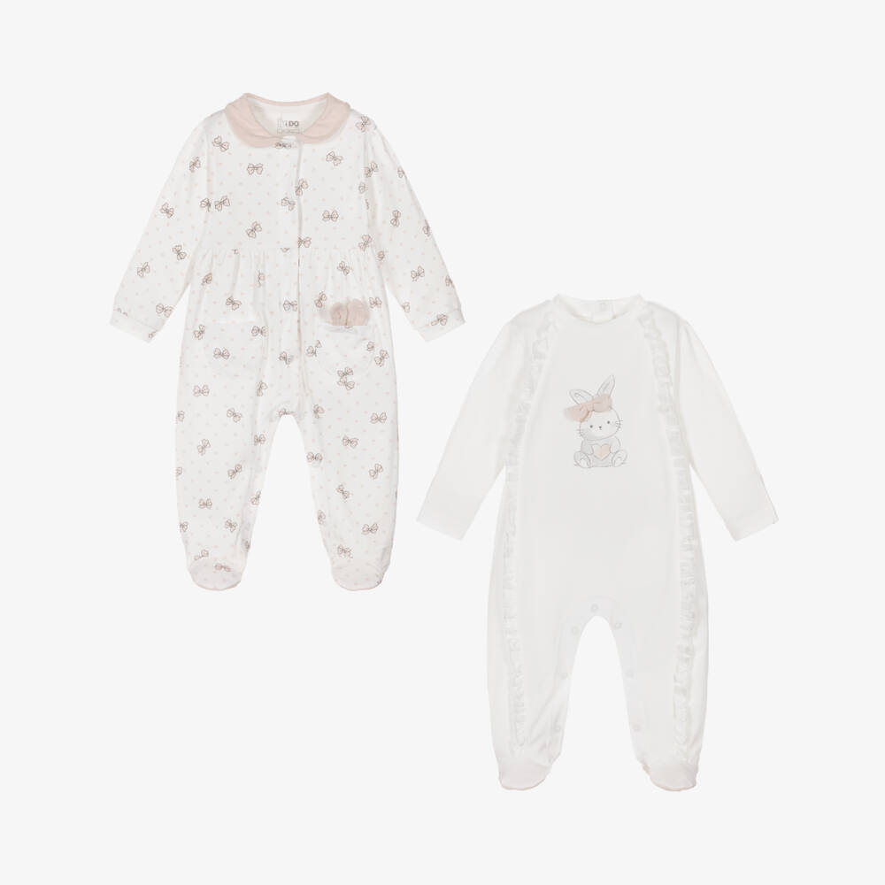 iDO Mini-Girls White Cotton Bunny & Bows Babygrows (2 Pack) | Childrensalon