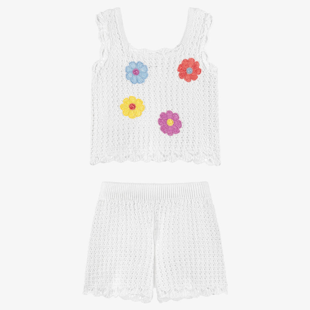 iDO-Girls White Cotton Crochet Knit Shorts Set with Flowers | Childrensalon