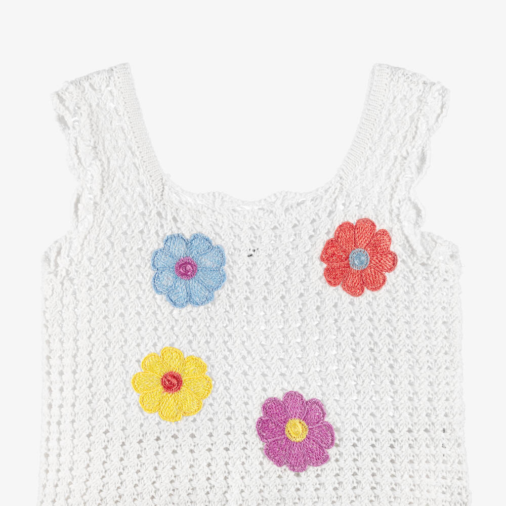 iDO-Girls White Cotton Crochet Knit Shorts Set with Flowers | Childrensalon