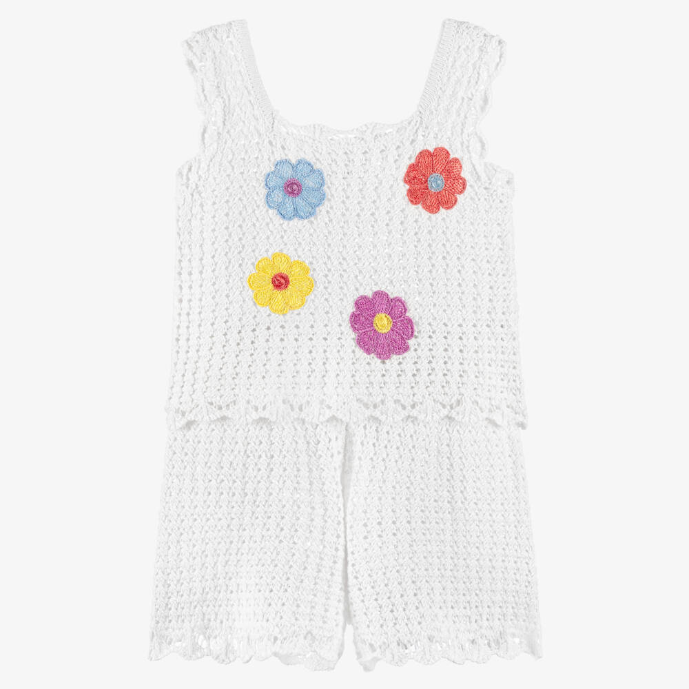 iDO-Girls White Cotton Crochet Knit Shorts Set with Flowers | Childrensalon