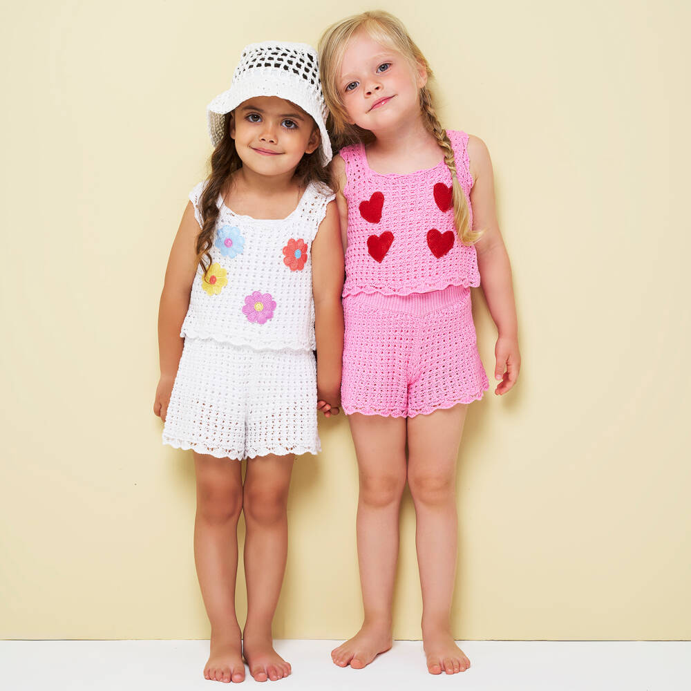 iDO-Girls White Cotton Crochet Knit Shorts Set with Flowers | Childrensalon