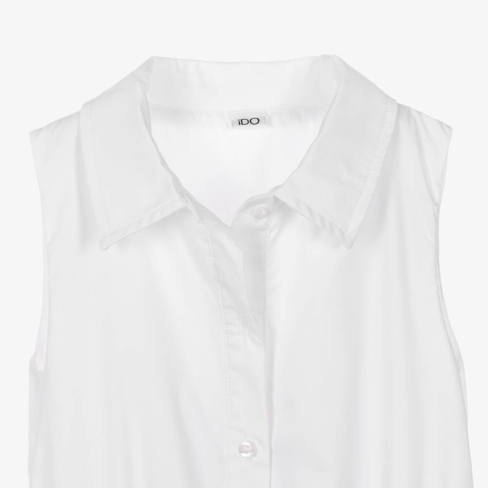 iDO-Girls White Cotton Dress with Blue Grosgrain Ribbon | Childrensalon