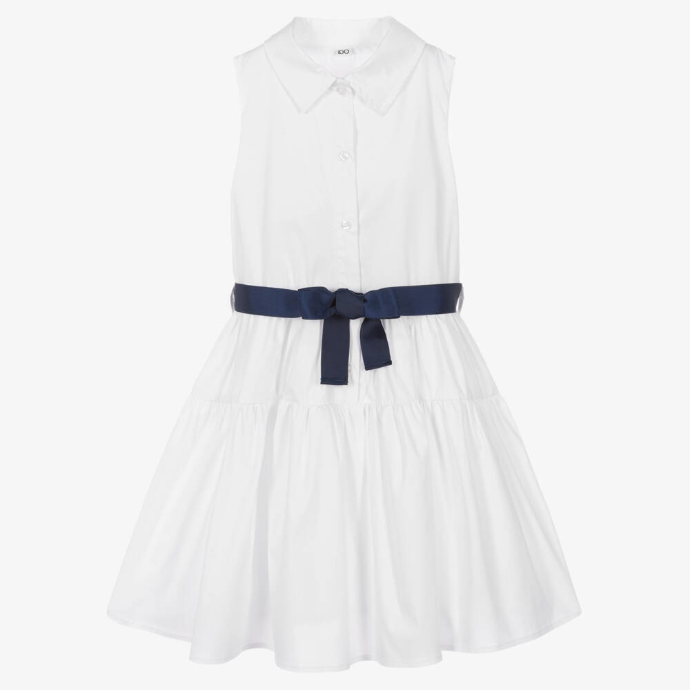 iDO-Girls White Cotton Dress with Blue Grosgrain Ribbon | Childrensalon