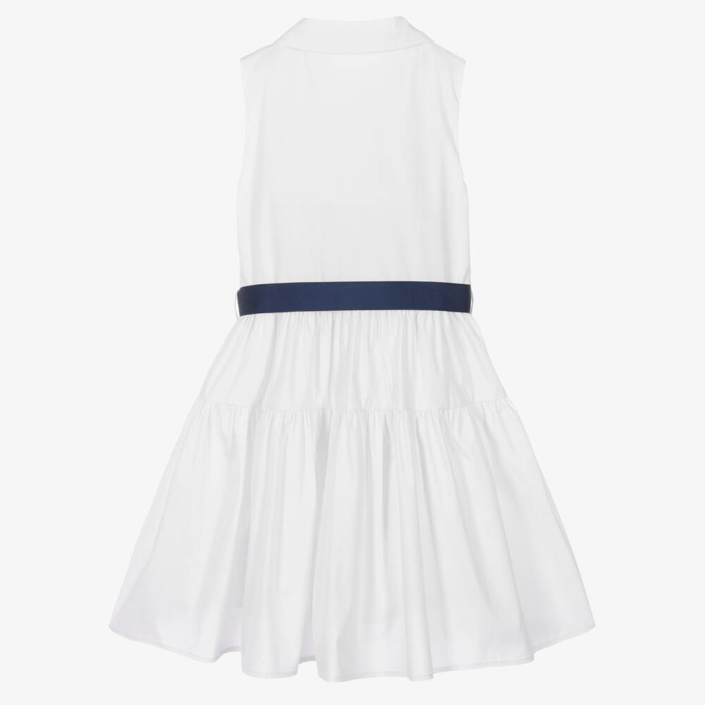iDO-Girls White Cotton Dress with Blue Grosgrain Ribbon | Childrensalon