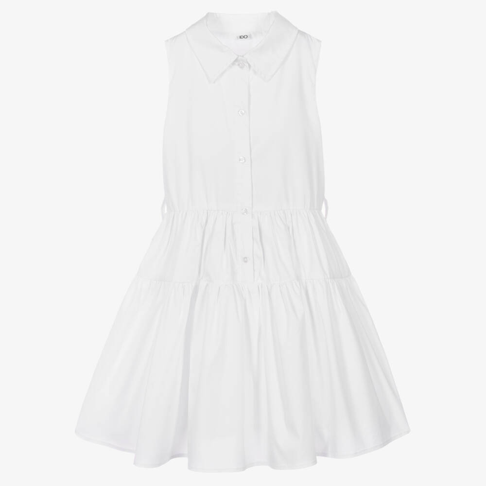 iDO-Girls White Cotton Dress with Blue Grosgrain Ribbon | Childrensalon