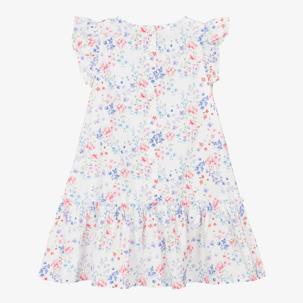 iDO-Girls White Cotton Dress with Blue & Pink Floral Pattern | Childrensalon