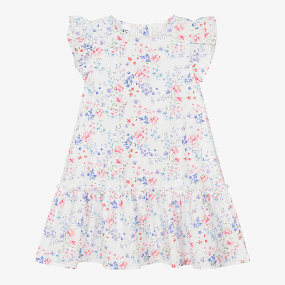 iDO-Girls White Cotton Dress with Blue & Pink Floral Pattern | Childrensalon