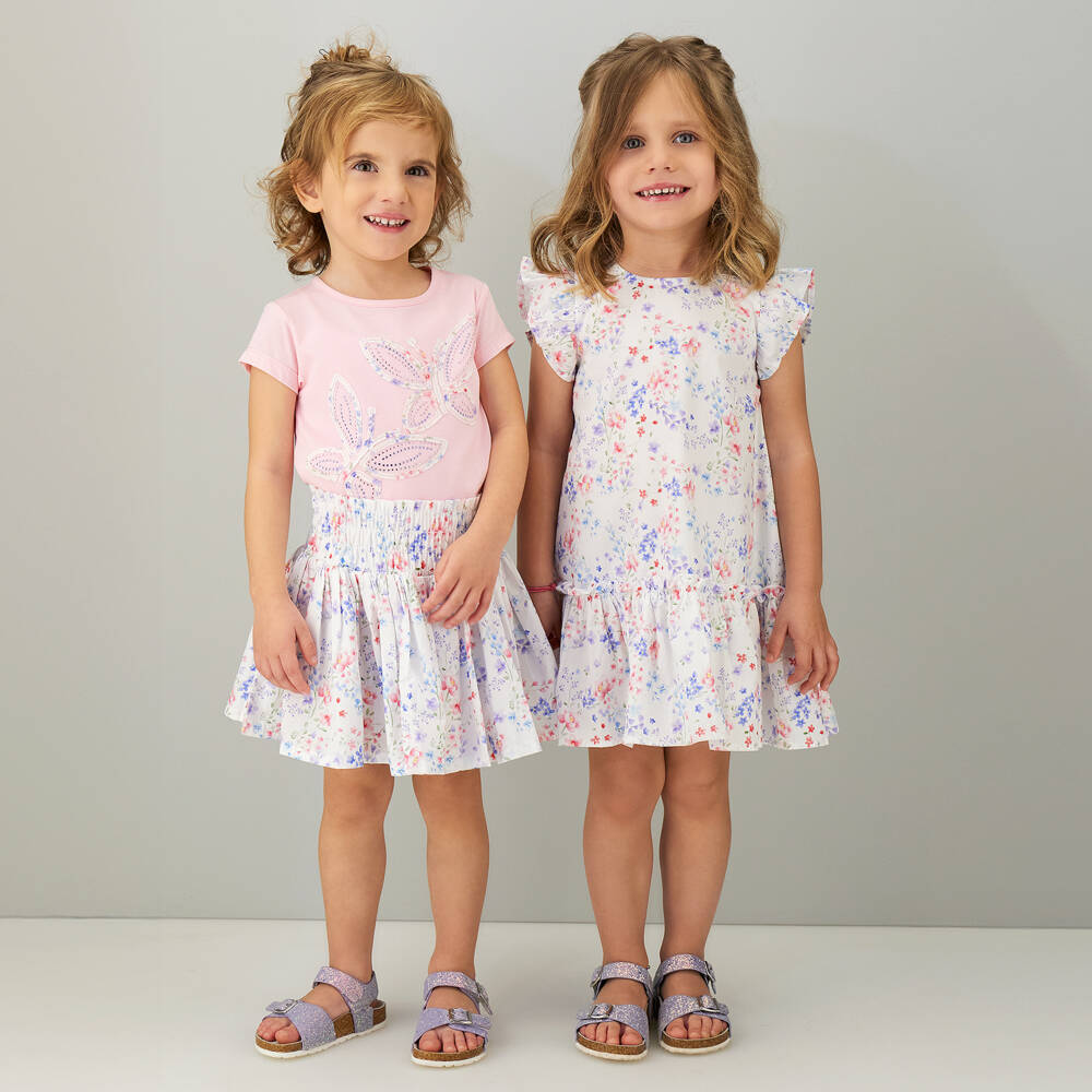 iDO-Girls White Cotton Dress with Blue & Pink Floral Pattern | Childrensalon