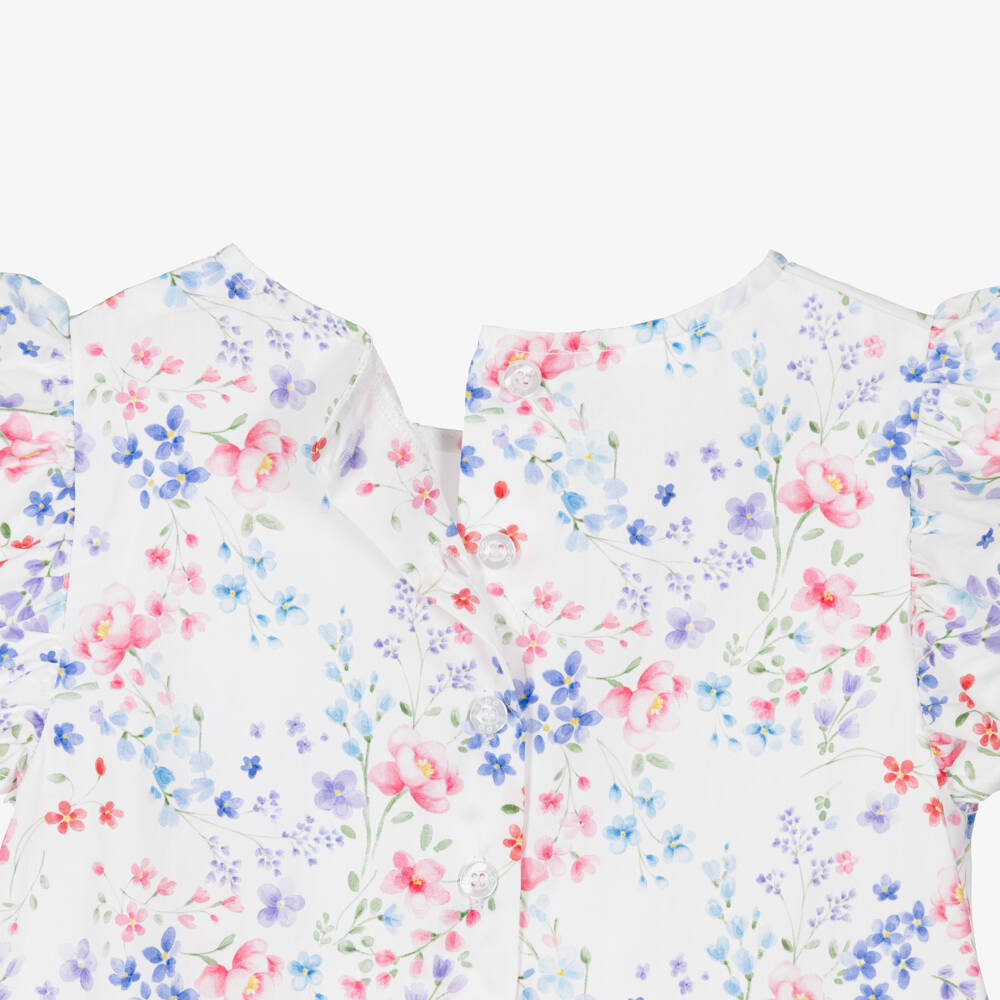 iDO-Girls White Cotton Dress with Blue & Pink Floral Pattern | Childrensalon