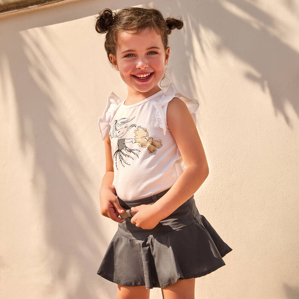 iDO-Girls White Cotton Girl & Teddy Bear Print T-Shirt | Childrensalon