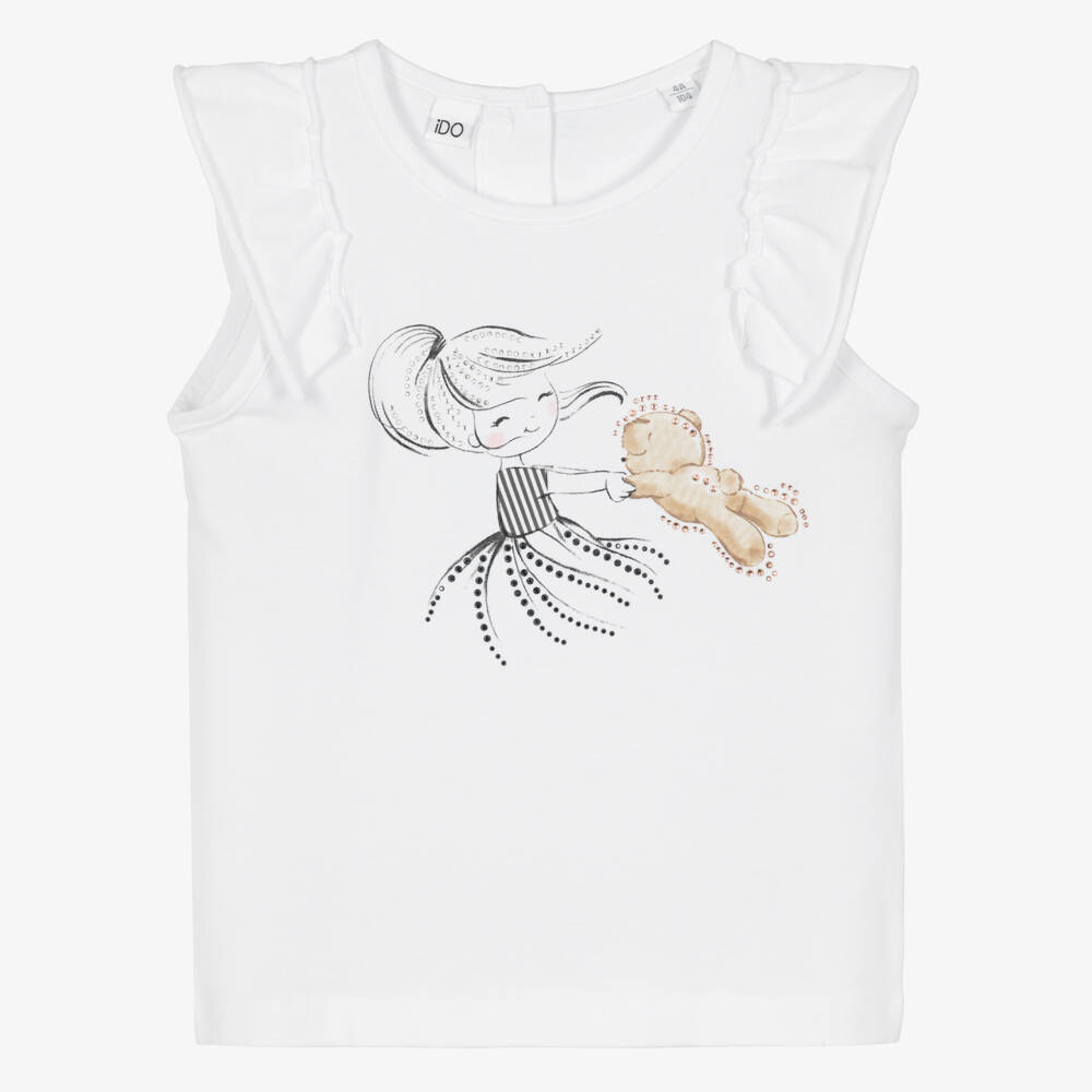 iDO-Girls White Cotton Girl & Teddy Bear Print T-Shirt | Childrensalon
