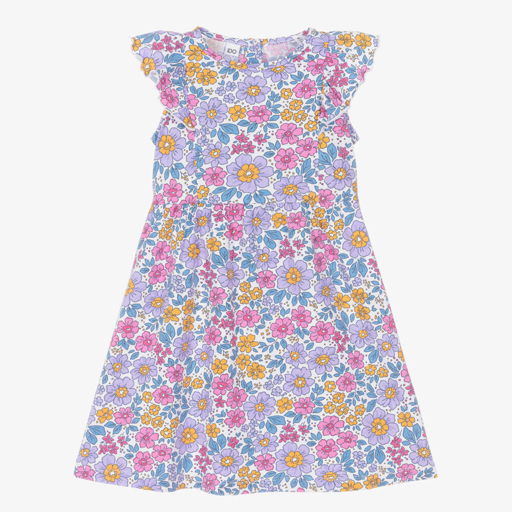 iDO-Girls White Cotton Jersey Dress with Purple Floral Pattern | Childrensalon