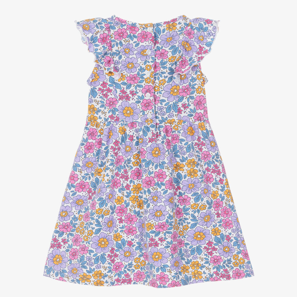 iDO-Girls White Cotton Jersey Dress with Purple Floral Pattern | Childrensalon