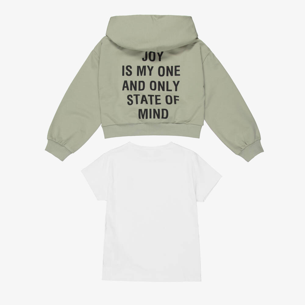 iDO-Girls White Cotton Joy Print T-Shirt & Green Hoodie | Childrensalon