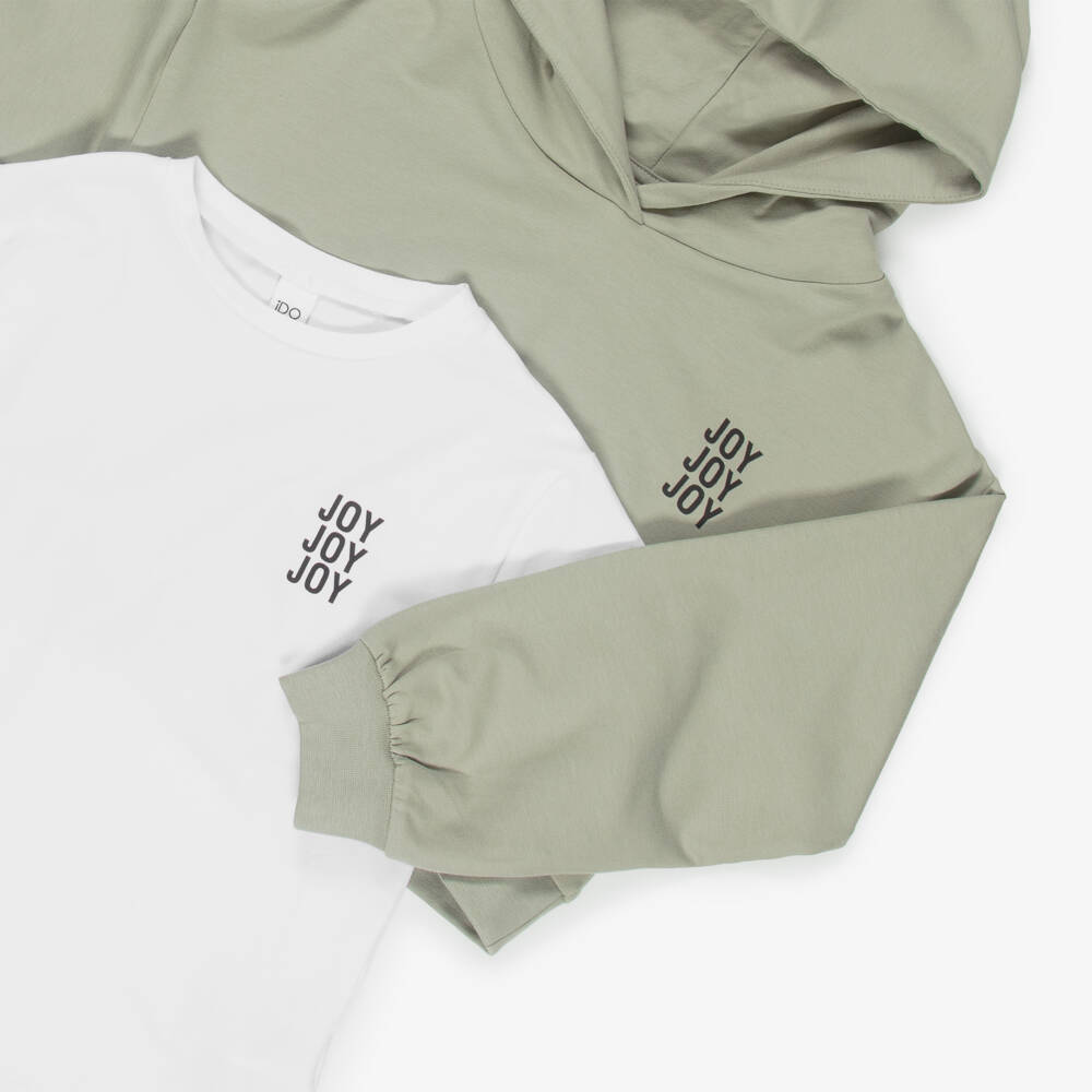 iDO-Girls White Cotton Joy Print T-Shirt & Green Hoodie | Childrensalon